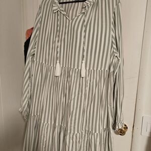dip Green and White Striped Long Sleeve Dress